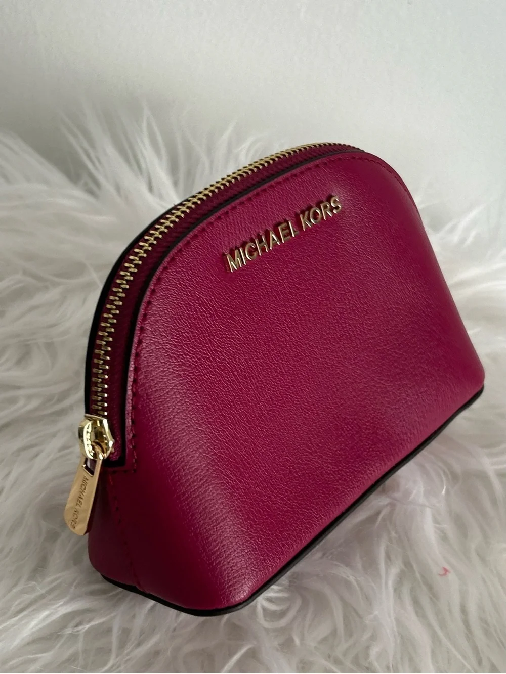 Michael Kors Jet Set Travel Leather Cosmetic Case Makeup Bag Fuchsia Pink Pouch